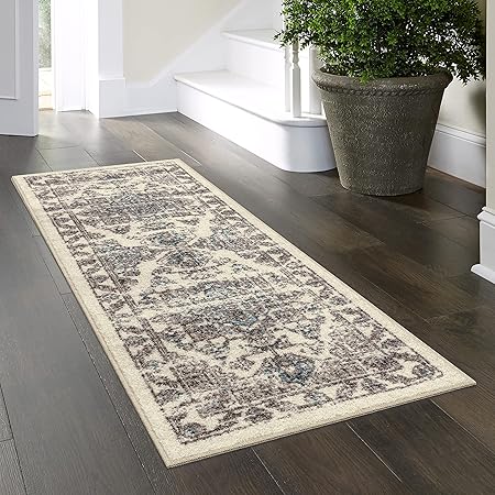 Maples Rugs Distressed Tapestry Vintage Non Slip Runner Rug for Hallway Entry Way Floor Carpet Made in USA, 2 x 6, Neutral