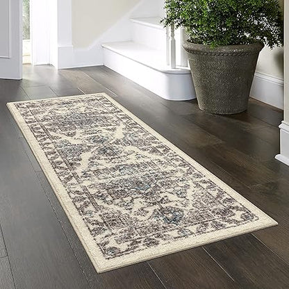 Maples Rugs Distressed Tapestry Vintage Non Slip Runner Rug for Hallway Entry Way Floor Carpet Made in USA, 2 x 6, Neutral