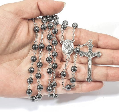 Nazareth Store unisex-adult Hematite Rosary Black Stone Beads Necklace with Jerusalem Holy Soil  Cross Antique Religious Rosaries Beads Collection