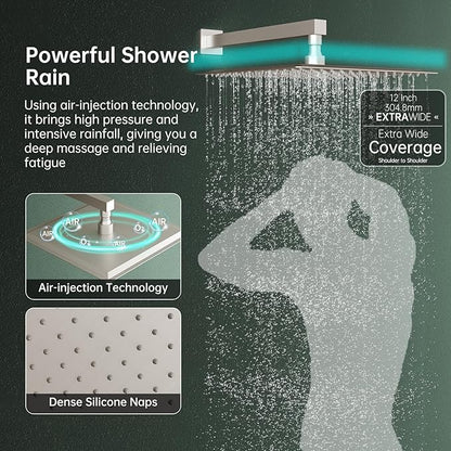 Hoimpro 12 Inch Square Rain Shower Head, Large Waterfall Rainfall Showerhead, High Pressure Stainless Steel Rainhead, 116'' Ultra-Thin Water Saving Design with Silicone Nozzle, Brushed Nickel