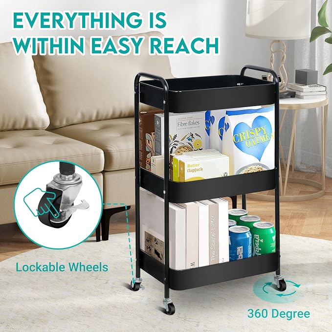 3 Tier Metal Rolling Cart on Wheels,Heavy Duty Utility Cart Sturdy 3 Tiered Rolling Storage Cart With Hooks, Great For Craft, Art Workspace, Kitchen ,Snack And Office Storage, Black