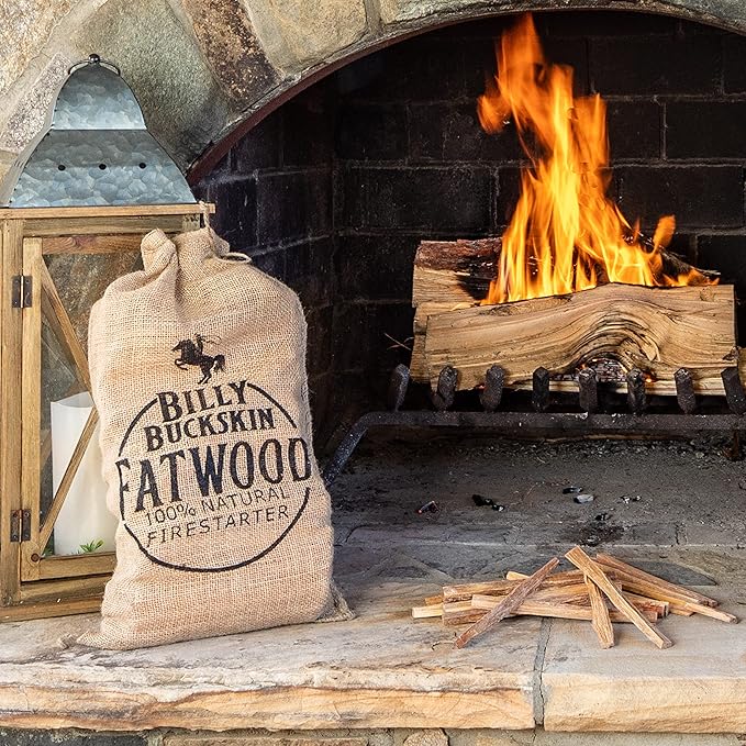 Billy Buckskin Co. 8 lb. Burlap Bag of Fatwood Fire Starter Sticks  Gift Set of Fatwood, Comes in a Stylish Burlap Bag  Start a Fire with just 2 Sticks  8 Pound Bag