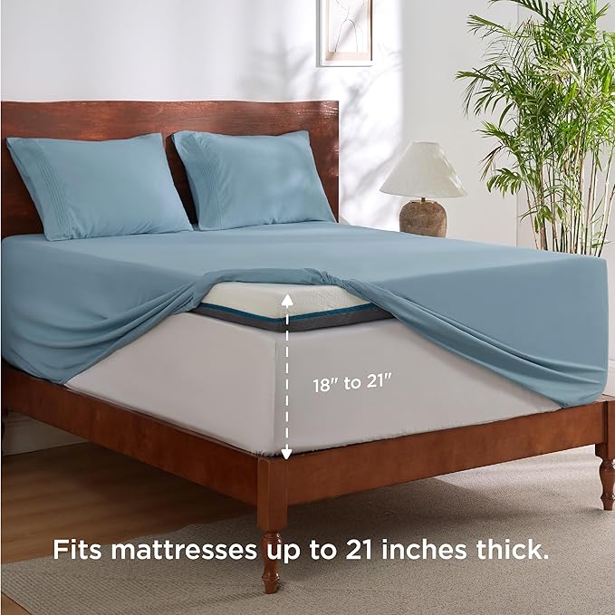 Bedsure Deep Pocket Queen Sheets Set - Fits Mattresses Up to 21 Inches Thick - 4 Piece GentleSoftTM Bed Sheets, Moisture Wicking, Soft  Cooling Bedsheet  Pillowcases, Easy  Secure Fit, Mineral Blue