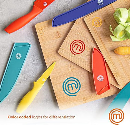 MasterChef Cutting Boards for Kitchen, Bamboo Chopping Board Set of 3, Organic Food Safe Surfaces for Preparing & Serving Meat, Cheese etc, Large, Medium & Small Wooden Boards with Color Coded Logos