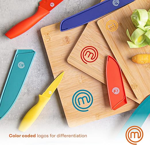 MasterChef Cutting Boards for Kitchen, Bamboo Chopping Board Set of 3, Organic Food Safe Surfaces for Preparing & Serving Meat, Cheese etc, Large, Medium & Small Wooden Boards with Color Coded Logos