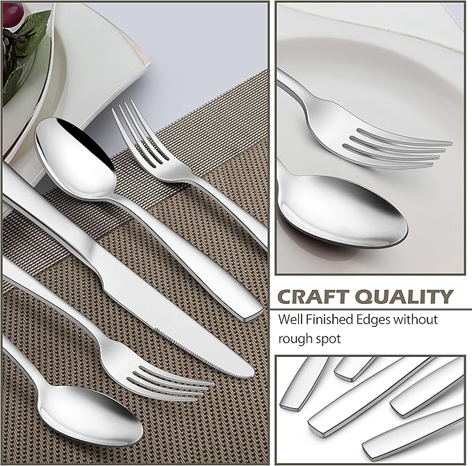 E-far 40-Piece Heavy Duty Silverware Set for 8, Stainless Steel Flatware Cutlery Set, Thick Metal Tableware Eating Utensils Include Forks Spoons Knives, Square Edge & Mirror Polished, Dishwasher Safe