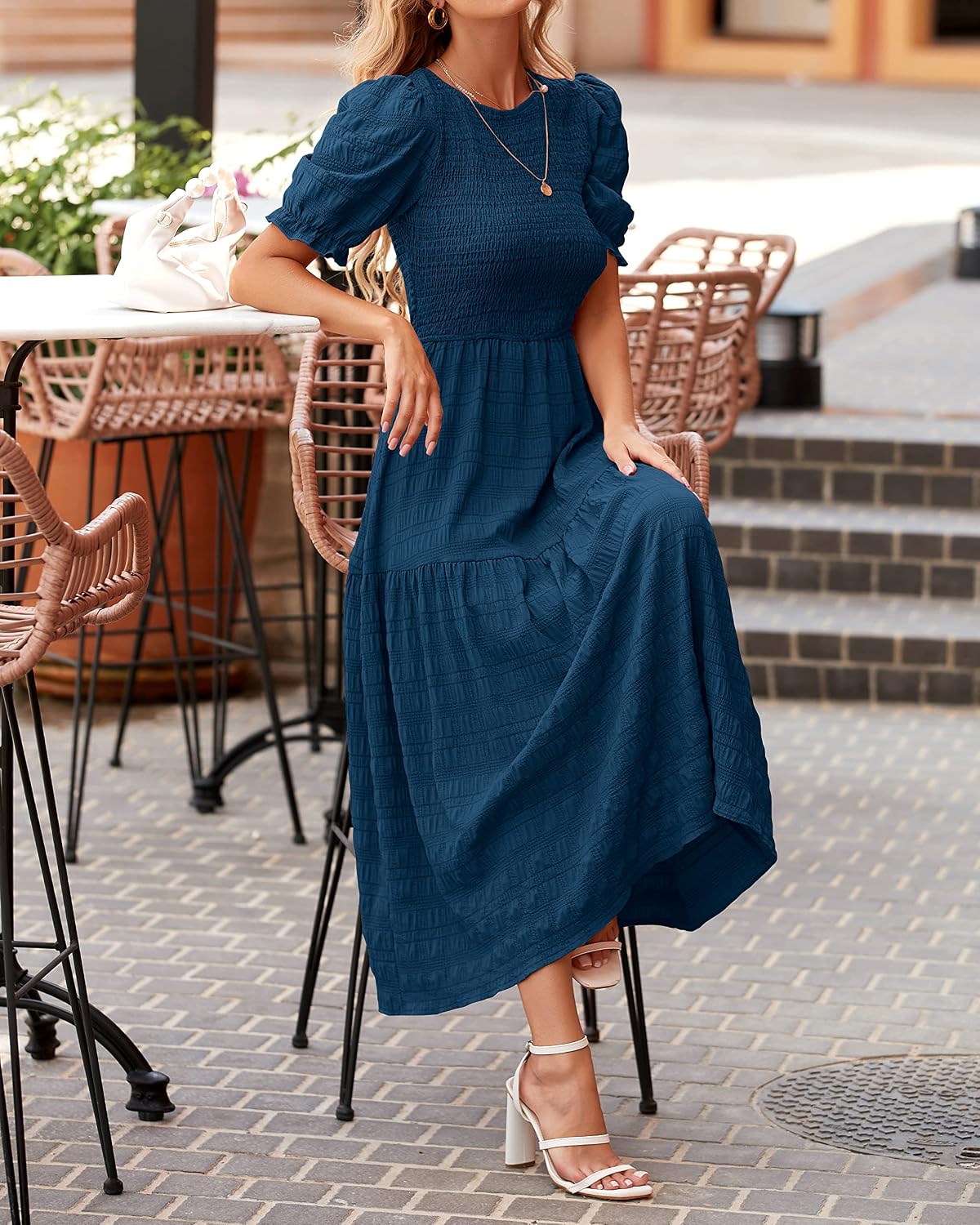dowerme Womens Summer Dresses 2025 Casual Puff Short Sleeve Crewneck Smocked Flowy Ruffle Boho Beach Party Maxi Sundress