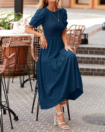 dowerme Womens Summer Dresses 2025 Casual Puff Short Sleeve Crewneck Smocked Flowy Ruffle Boho Beach Party Maxi Sundress