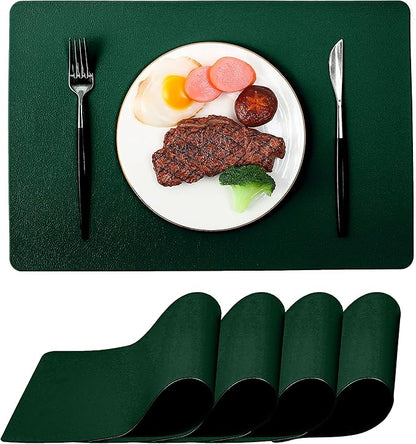 Dark Green Place Mats Indoor Set of 4, Washable Wipeable Table Placemats, Waterproof Leather Table Mats Sets for Kitchen Dining (Dark Green4)