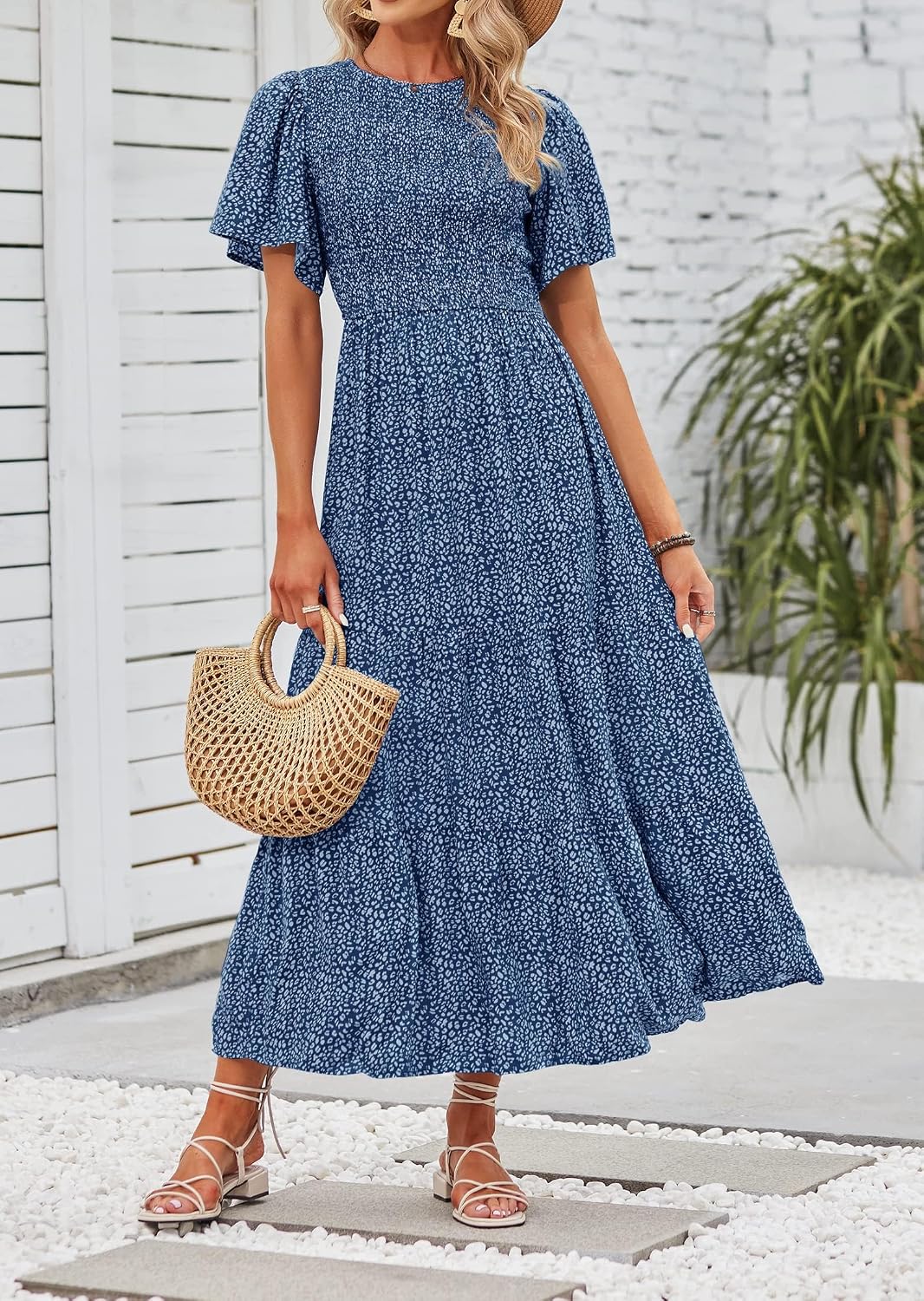 ZESICA Women's Summer Boho Floral Smocked Short Sleeve Maxi Dress | Tiered, Flowy, Elastic Waist, 2026 Casual Wedding Guest Date Holiday Beach Vacation Long Dresses
