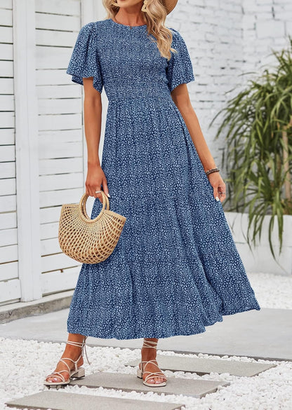 ZESICA Women's Summer Boho Floral Smocked Short Sleeve Maxi Dress | Tiered, Flowy, Elastic Waist, 2026 Casual Wedding Guest Date Holiday Beach Vacation Long Dresses