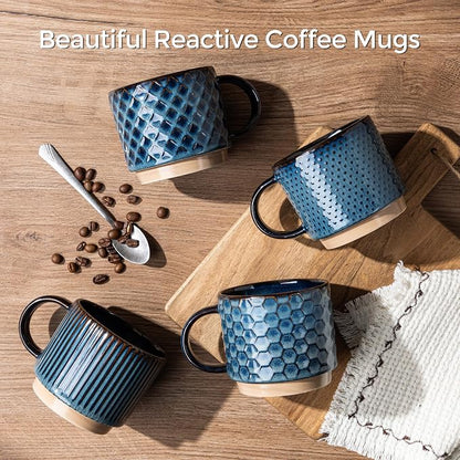 GBhome 6 OZ Stackable Coffee Mugs Set of 4, Ceramic Coffee Cups Set | 4 Assorted Designs, Embossed Mugs with Texture Patterns for Espresso/Tea, Dishwasher&Microwave Safe, Deep Sea