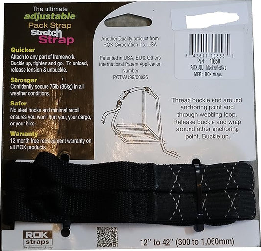 ROK Straps ROK-10358 BlackReflective 12" - 42" Pack Adjustable Stretch Strap