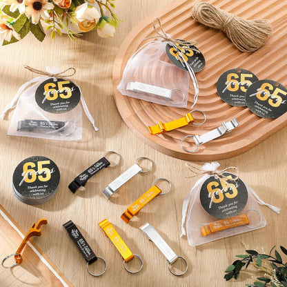 54 Sets 65th Birthday Party Favors for Guests Birthday Beer Opener Keychain Cheers to 65 Bottle Opener Keychain with Thank You Cards and Gift Bags for Anniversary Wedding Party Favors