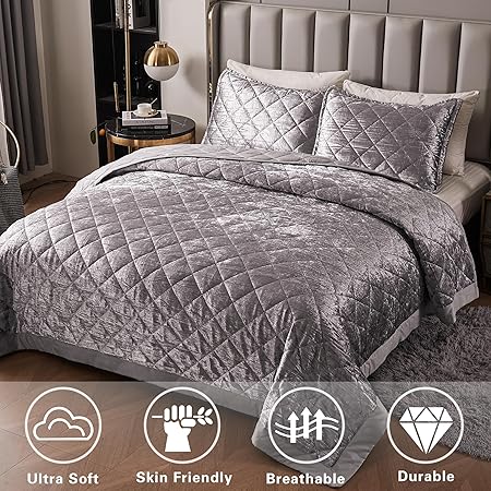 LUCKYBULL Silver Korean Velvet Quilt Set King XL Size (104x96 inch), 3 Pieces Luxury Textured Soft Bedspread with 2 Pillowcases, Reversible Coverlet Set for All Season