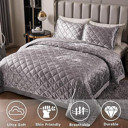 LUCKYBULL Silver Korean Velvet Quilt Set King XL Size (104x96 inch), 3 Pieces Luxury Textured Soft Bedspread with 2 Pillowcases, Reversible Coverlet Set for All Season