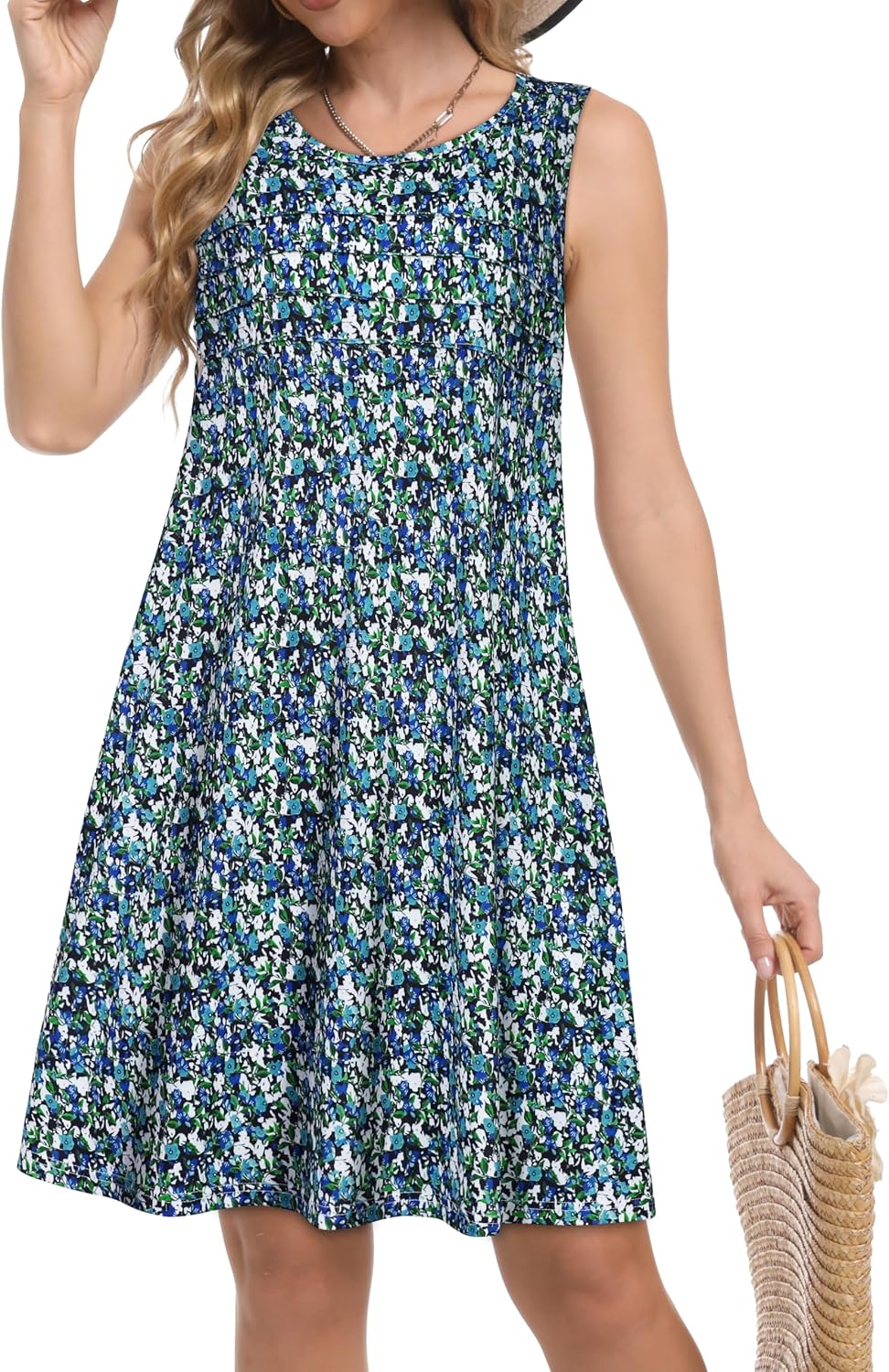 Sundresses for Women Casual Summer Pleated Front Loose Sleeveless Tank Dress with Pockets
