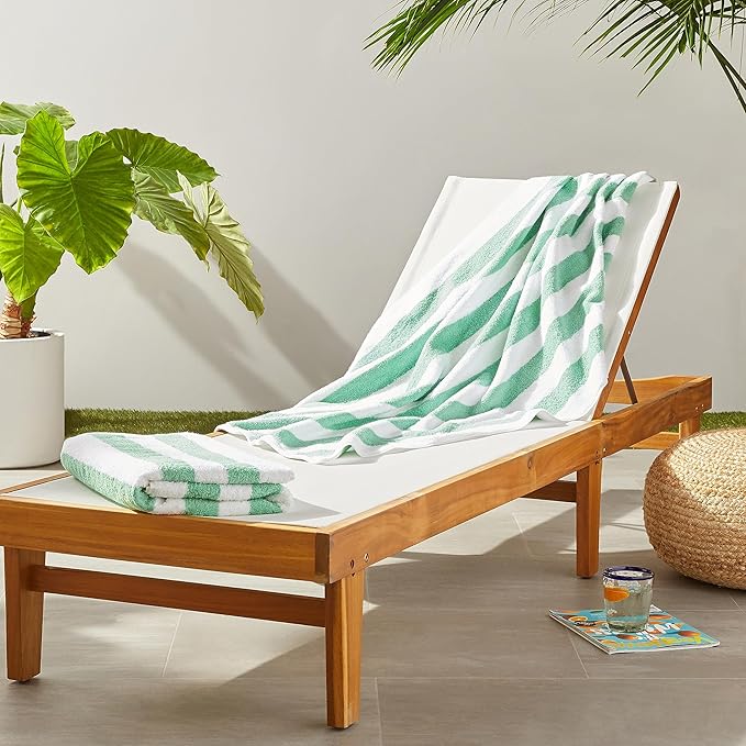 Basics 100% Cotton Terry Cabana Stripe Pool & Beach Towel, Soft & Absorbent, Quick Drying, Large, 2-Pack, Green, 30" x 60"