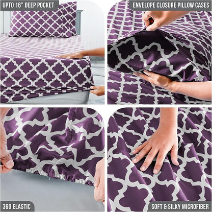 LUX Décor Quatrefoil Full Sheet Set - 4 Piece Ultra-Soft Microfiber Bed Sheets with Flat Sheet, 16 Inches Deep Pocket Fitted Sheet & Pillowcases, Breathable, Bedroom Decor, Oeko-TEX - Purple
