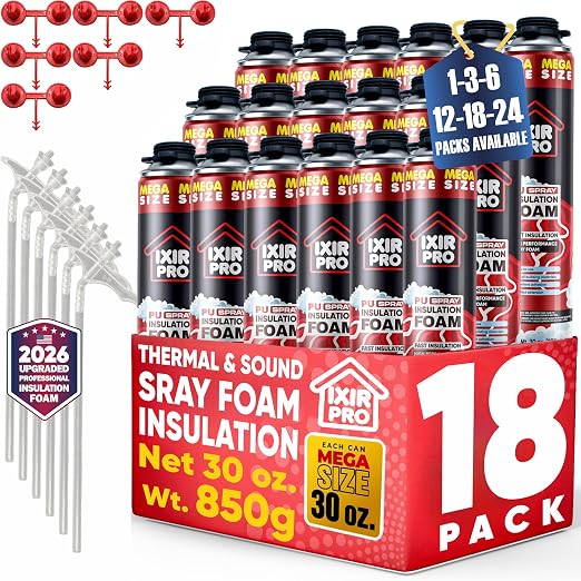 Spray Foam Insulation, 18 Pack x 30 oz, Expanding Foam Sealant Spray High Density Closed Cell Spray for Walls, Attic, Ceiling, Windows, Heat & Sound Control, Energy Saver, Seal Cracks & Gaps