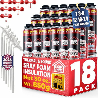 Spray Foam Insulation, 18 Pack x 30 oz, Expanding Foam Sealant Spray High Density Closed Cell Spray for Walls, Attic, Ceiling, Windows, Heat & Sound Control, Energy Saver, Seal Cracks & Gaps