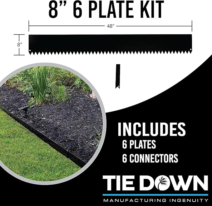 Tie Down 48 inch x 8 inch Metal Landscape Edging Kit, 6 Steel Plates  6 Steel Connectors - 24 Total Linear feet, for Garden Edging Border, Flowerbeds  Paver Edge, Enhance Landscaping  Flower Bed