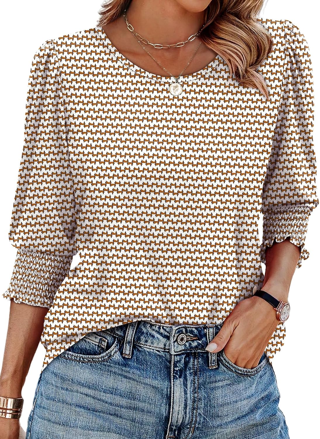OFEEFAN Blouses for Women Dressy Casual 3/4 Length Sleeve Womens Tops with Smocked Cuffs.