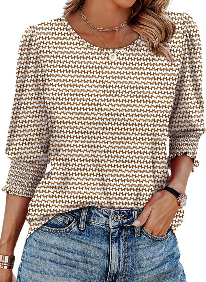 OFEEFAN Blouses for Women Dressy Casual 3/4 Length Sleeve Womens Tops with Smocked Cuffs.