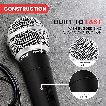 Pyle Professional Dynamic Vocal Microphone - Moving Coil Dynamic Cardioid Unidirectional Handheld Microphone with ONOFF Switch Includes 15ft XLR Audio Cable to 14'' Audio Connection - PDMIC59