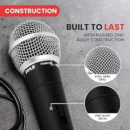 Pyle Professional Dynamic Vocal Microphone - Moving Coil Dynamic Cardioid Unidirectional Handheld Microphone with ONOFF Switch Includes 15ft XLR Audio Cable to 14'' Audio Connection - PDMIC59