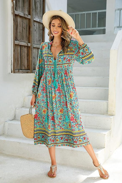 R.Vivimos Women's Long Sleeve Floral Print Retro V Neck Tassel Bohemian Midi Dresses