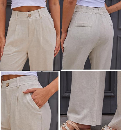 heipeiwa Women's Linen Casual High Waist Wide Leg Straight Dress Cotton Linen Pants Button Trousers