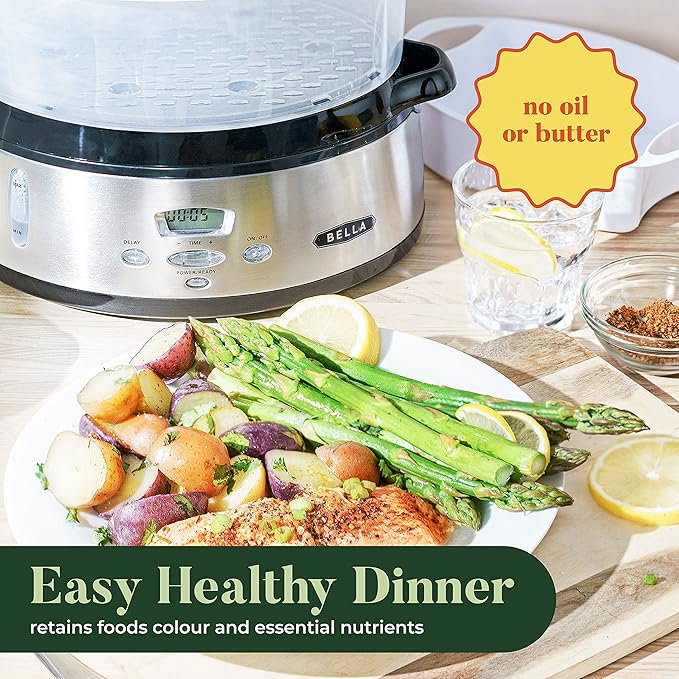 BELLA 9.5 QT Triple Tier Digital Food Steamer, Healthy Fast Simultaneous Cooking, Stackable Baskets for Vegetables or Meats, RiceGrains Tray, Auto Shutoff  Boil Dry Protection, Stainless Steel