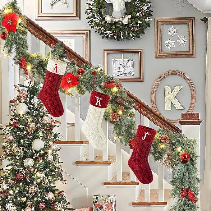 Personalized Christmas Stockings with Initials, 18 Inches Xmas Embroidered Monogrammed Cable Knitted Stocking for Family, Holiday Hanging Decoration Gifts for Fireplace(Red and White L)