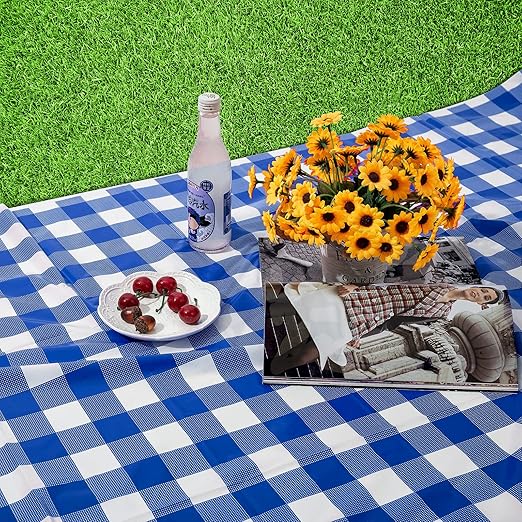 Kesfey 3 Packs White and Blue Gingham Table Cloths 54 x 108 Inches Disposable Plastic Checkered Tablecloths Waterproof Rectangle Picnic Party Tablecovers for Birthday Party Dining Table Kitchens