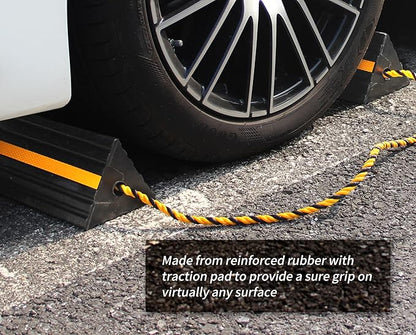MaxxHaul 50019 Heavy Duty 3-Sided Rubber Wheel Chock with Yellow Reflective Strips and Nylon Rope and Non-Slip Base - 1 Pair