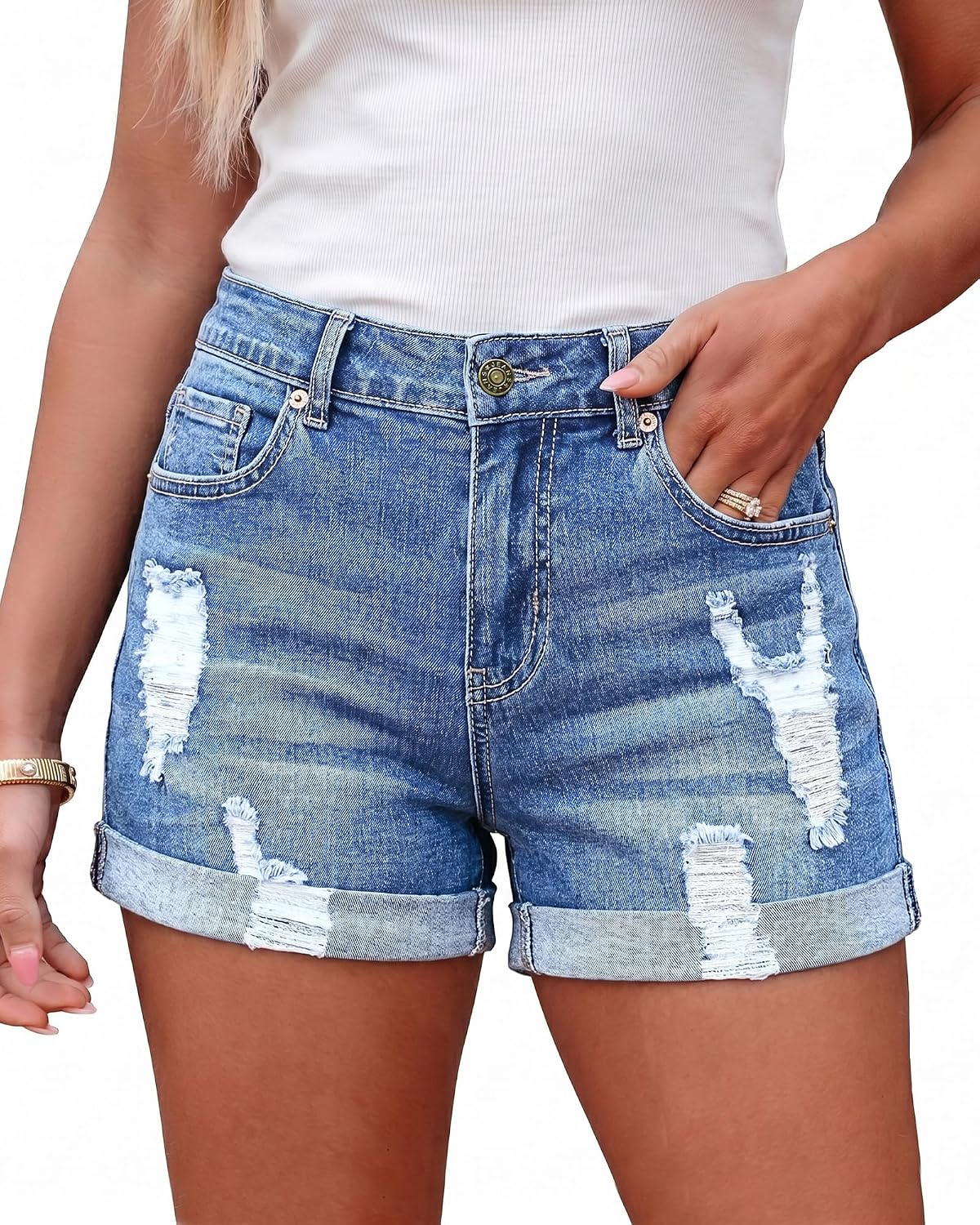 LookbookStore Women's High Waisted Rolled Hem Distressed Jeans Ripped Denim Shorts