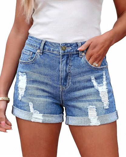 LookbookStore Women's High Waisted Rolled Hem Distressed Jeans Ripped Denim Shorts