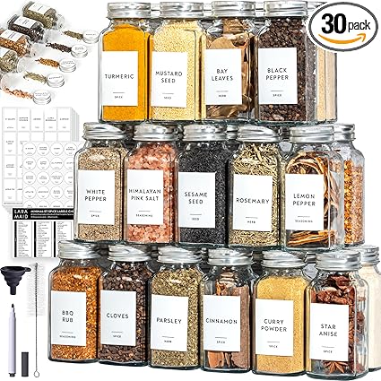 Laramaid 6oz 30Pack Glass Jars with Minimalist White Spice Labels, Shaker Lids Dispenser with Airtight Silver Metal Caps, Black Pen, Cleaning Brush  Collapsible Silicone Funnel