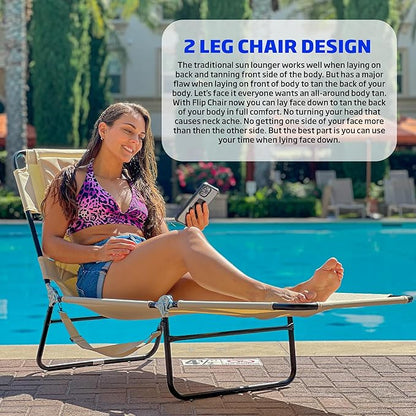Face Down Tanning Chaise Lounge Chair - Face & Arm Holes - 2 Legs Support - Polyester Material - Backrest Positions - Head Rest Pillow - Beach or Home Use - Read and Tan - Tan Stripes Pattern