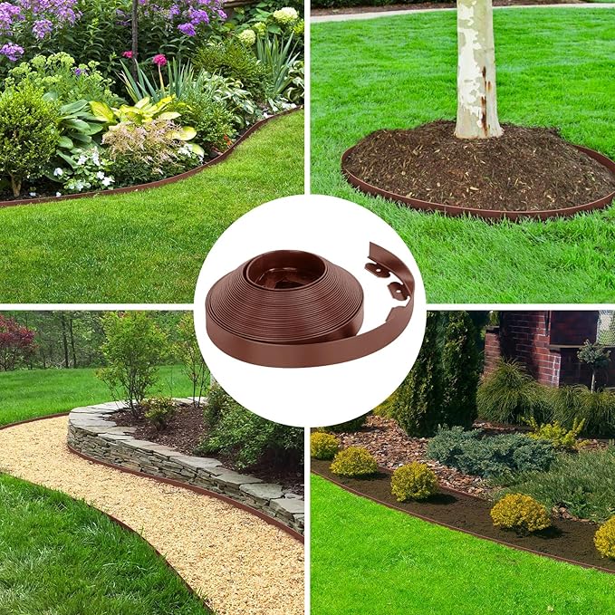 2 Inch x 66FT Landscape Edging Border with 100 Spikes, Garden Edging Lawn Edging Border Kit, Plastic Edging Border Flexible for Garden Flower Beds Lawn Yard Pathway (Brown)