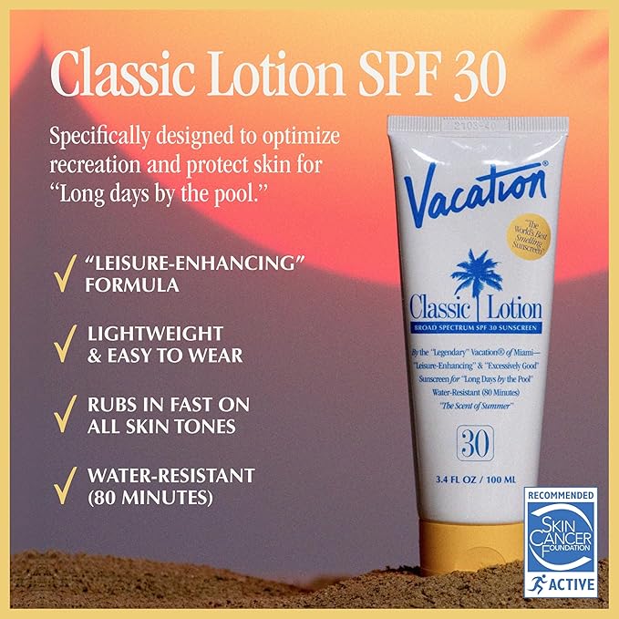 Vacation Classic Sunscreen Lotion SPF 30  Air Freshener Bundle, Water-Resistant, Lightweight, Transparent on All Skin Tones, Dermatologist-Tested, Vegan, Travel Size, 3.4 Fl. Oz.