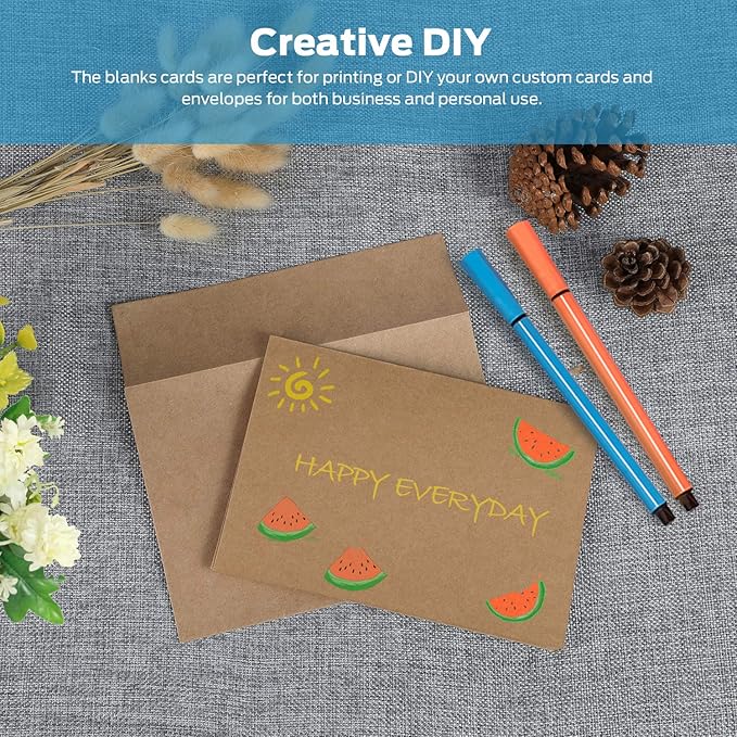 Blank Cards and Envelopes 100 Pack, Ohuhu 5 x 7 Heavyweight Kraft Paper Folded Cardstock and A7 Envelopes for DIY Greeting Cards, Wedding, Birthday, Invitations, Shower, Thank You Cards  All Occasion