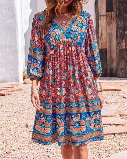 Women Casual Spring Summer Dresses V Neck 3/4 Long Sleeve Ruffle Floral Flo