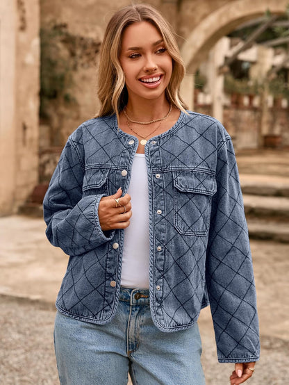 Glamaker Jean Jacket Women Denim Long Sleeve Button Down Diamond Quilted Lightweight Jackets Fall Winter Shacket Coats