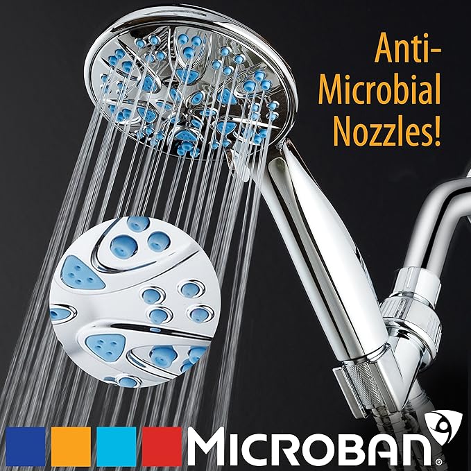 AquaDance 5514 Antimicrobial  Anti-Clog High-Pressure 6-Setting Hand Microban Nozzle Protection from Growth for Stronger Shower 3 Color Choices, Aqua Blue Jets,4 Inch