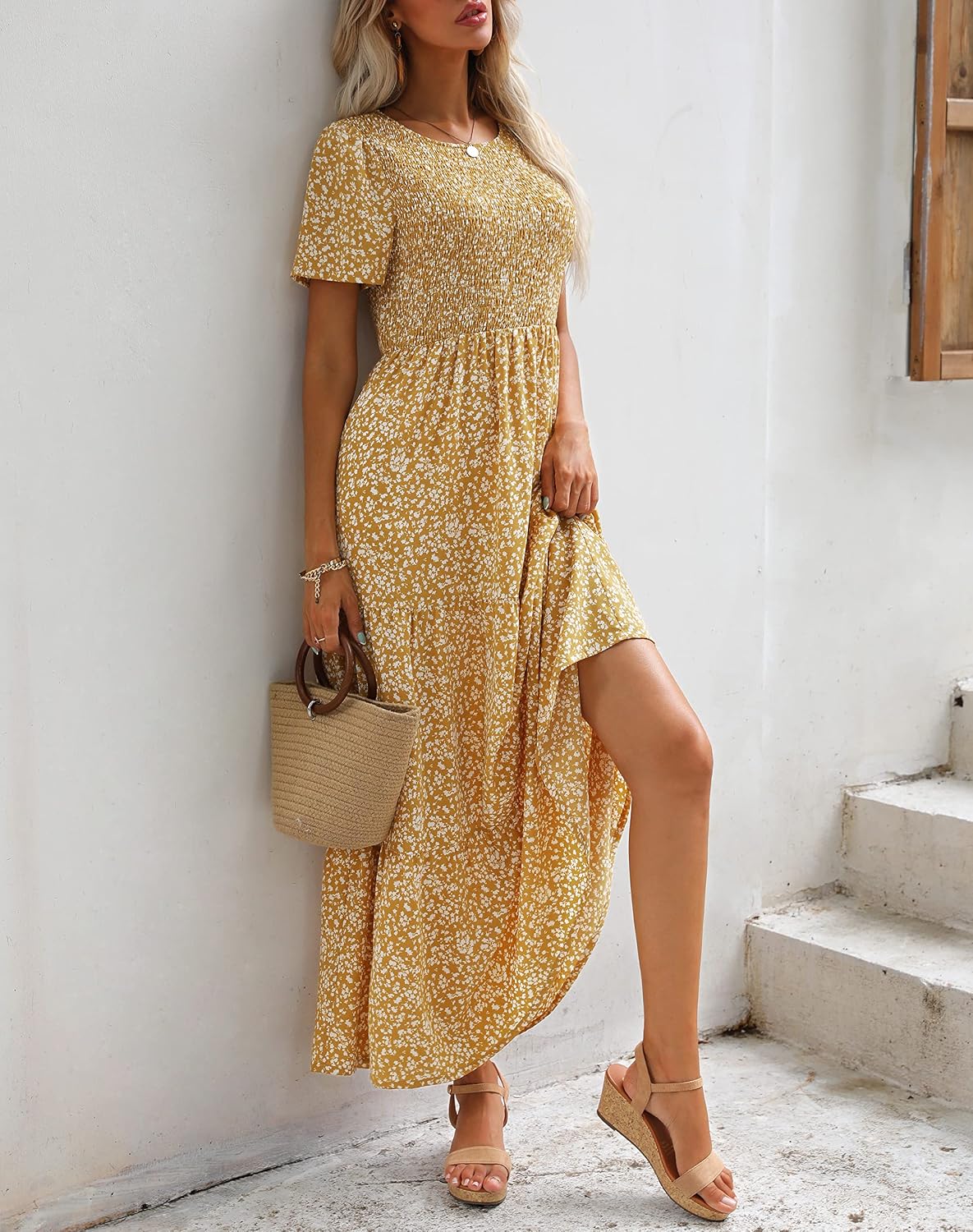 Maggeer Womens 2026 Summer Spring Smocked Wedding Guest Maxi Dress Casual Short Sleeve Floral Boho Flowy Long Dress