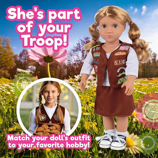 5pc Girls Troop Doll Outfit - 18" Doll Clothes  Accessories - Set Includes Shirt, Skirt, Socks, Sneakers,  Vest with Badges - Gifts for Girls