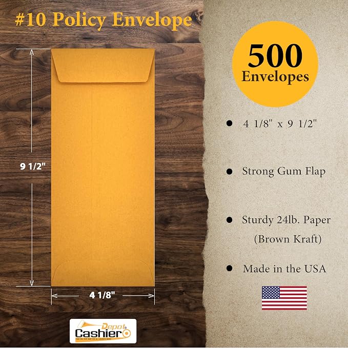 500 Cashier Depot - #10 Policy Envelopes, Open End, 4-1/8" x 9-1/2", Sturdy 24 lb. Brown Kraft Paper, Gum Flap, Business, Office & Document Organization, 500 Count