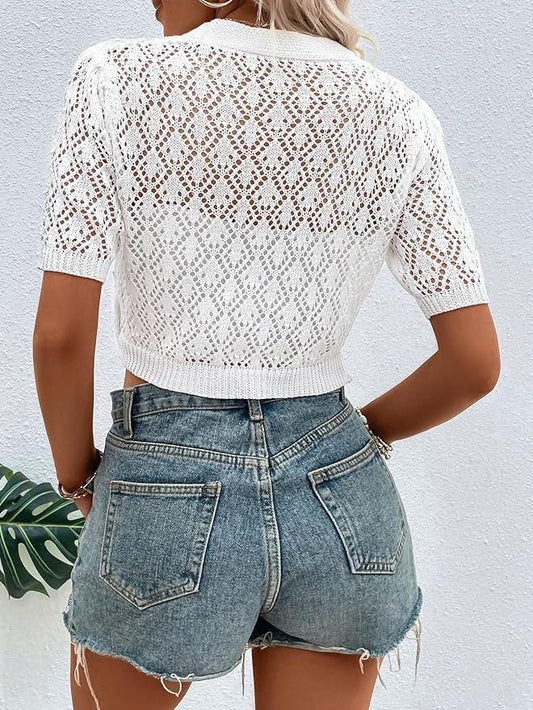 Womens Open Front Cardigan Short Sleeve V Neck Button Front Knit Cropped Cardigan Sweater Outwear